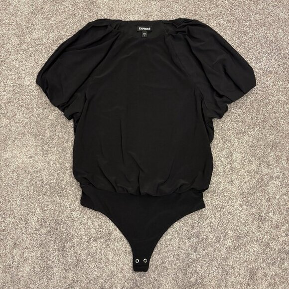 Express Women's Crew Neck Puff Sleeve Bodysuit Size S Black Short Sleeves NWT$58 - Picture 5 of 16